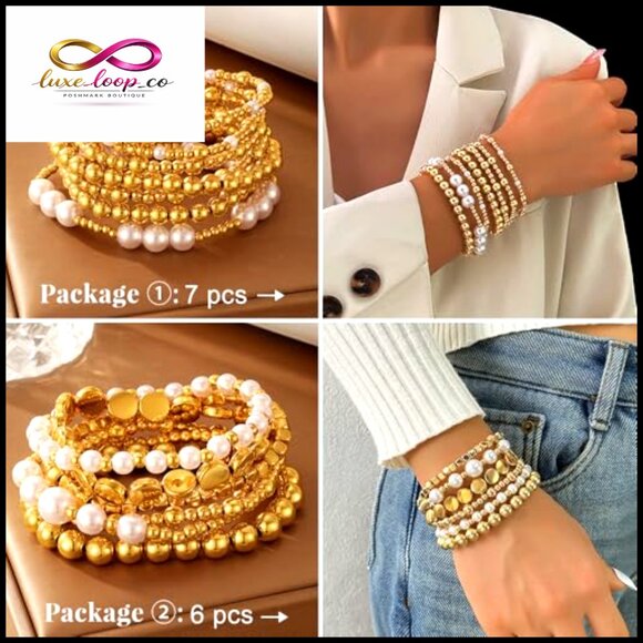 Stretchable Pearl Bead Bracelet Set Stackable Elegant Minimal Adjustable Fashion - Picture 2 of 7
